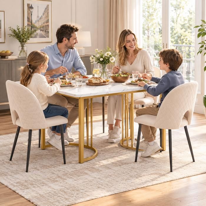 Set Salle à Manger 5 Pièces – Table Marbrée 140x80 Cm + 4 Chaises Velours Beige – Style Moderne Et Design
