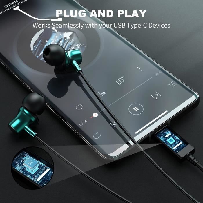 Écouteurs USB C pour Samsung Galaxy A34 A54 A53 A33 Z Fold5 Z Flip5 S23  Ultra S22 S21 FE S20 Casque USB C avec microphone HiFi Stéréo Écouteurs USB  C In-Ear avec