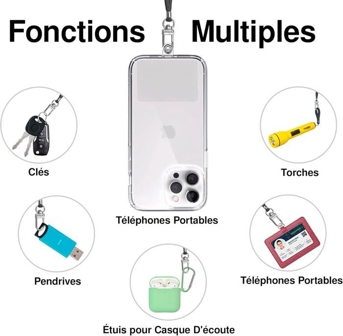 Sangle Téléphone Universelle Avec Patch - Collier Réglable En Nylon Pour Smartphone - Anti-Chute