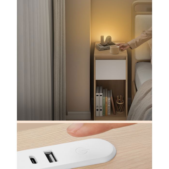 Table De Chevet Avec éclairage LED Et Ports USB - Design étroit (35x24x60 Cm) - Blanc Et Or - Idéale Pour Chambre Ou Salon