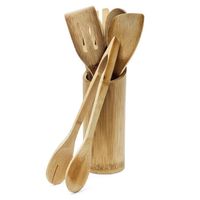Relaxdays Ensemble d'ustensiles de Cuisine avec Support 6 Pièces en bambou 30 cm spatule fourchette cuillère pince à salade,