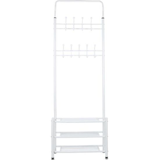 Meuble D'entrée 3 En 1 : étagère à Chaussures + Porte-manteau + Rangement | Métal Blanc, 60x25x152 Cm