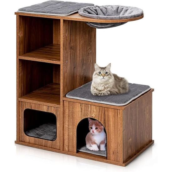 Maisonnette Pour Chat 3 En 1 Bois – Niche, Griffoir, Gamelles – MDF 8 Mm, Coussin Lavable, 38x45x55 Cm
