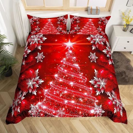 Housse De Couette Noël 220x240 Cm + 2 Taies 65x65 Cm - Motif Sapin, Microfibre Douce, Fermeture éclair, Attaches