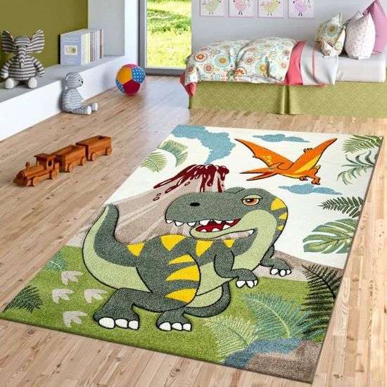 TT Home Tapis Chambre d'enfant Vert Dinosaure Jungle Volcan Effet 3D Poils Ras, Dimension:80x150 cm84