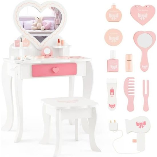 Coiffeuse Enfant Bois Avec Miroir Et Chaise - Table Maquillage Fille Avec Rangement