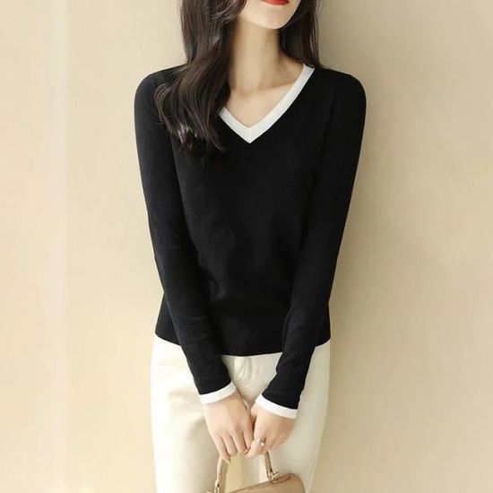 Pull-Over Élégant Col V Femme - Maille Extensible Douce Automne Hiver Chaud Et Confortable