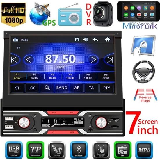 7 Pouces Autoradio éCran RéTractable VidéO MultiméDia 1Din 7 Couleurs LumièRe MP5 Player Support Bluetooth USB AUX RDS