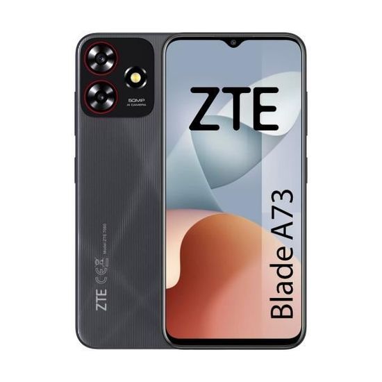 Smartphone ZTE Blade A73 en noir sidéral avec écran HD+ 90 Hz de 6,6", 720 x 1612 pixels, 4 Go de RAM + 128 Go et processeur