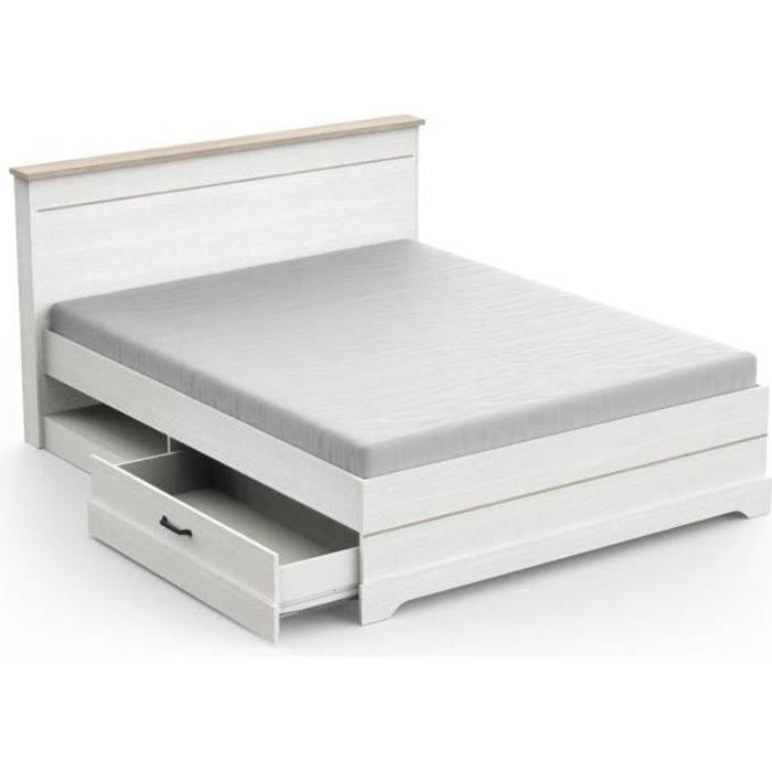 Lit adulte COTTAGE 160x200 cm - Mélamine blanc et décor chêne Kronberg - 2 Tiroirs - L 173,8 x P 215