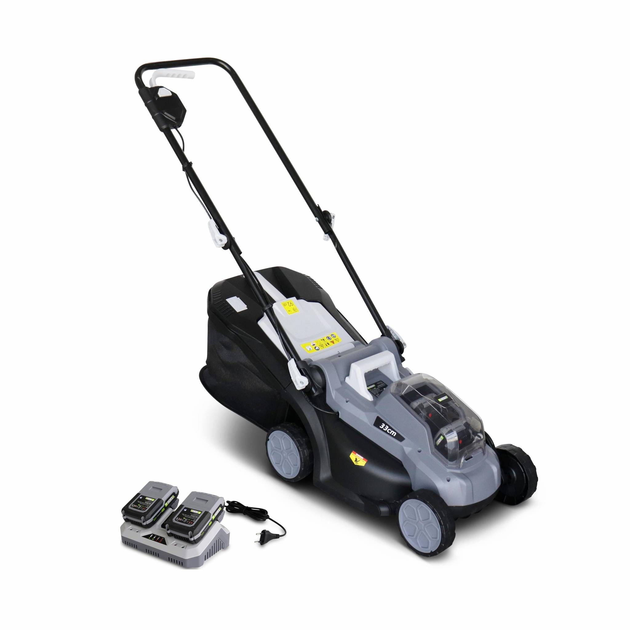 VOLTR 36V – Tondeuse à gazon sans fil 33cm – Batteries 20V Lithium 2.0Ah + double chargeur rapide, récupérateur d’herbe 35L