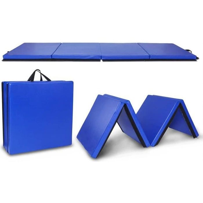 Tapis de Gymnastique Pliable 240*60*5cm avec Poignées de Transport et Velcro Bleu