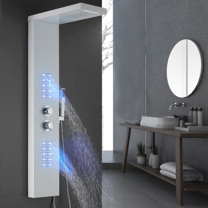 Colonne de Douche Thermostatique Blanc Système de Douche LED en Acier Inox - 22*45*125cm