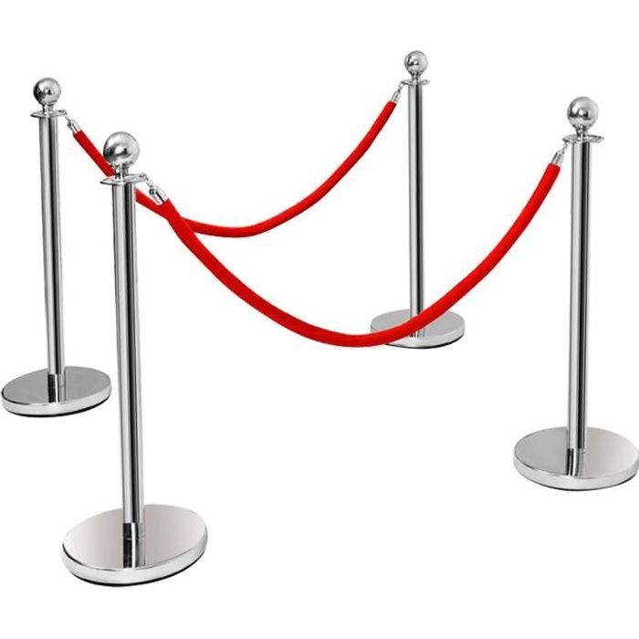 4 Poteau de Guidage Barrières de Sécurité en Acier Inox. avec Corde Vlours Rouge 1.5M pour Contrôler des Foule et les Personnes VIP