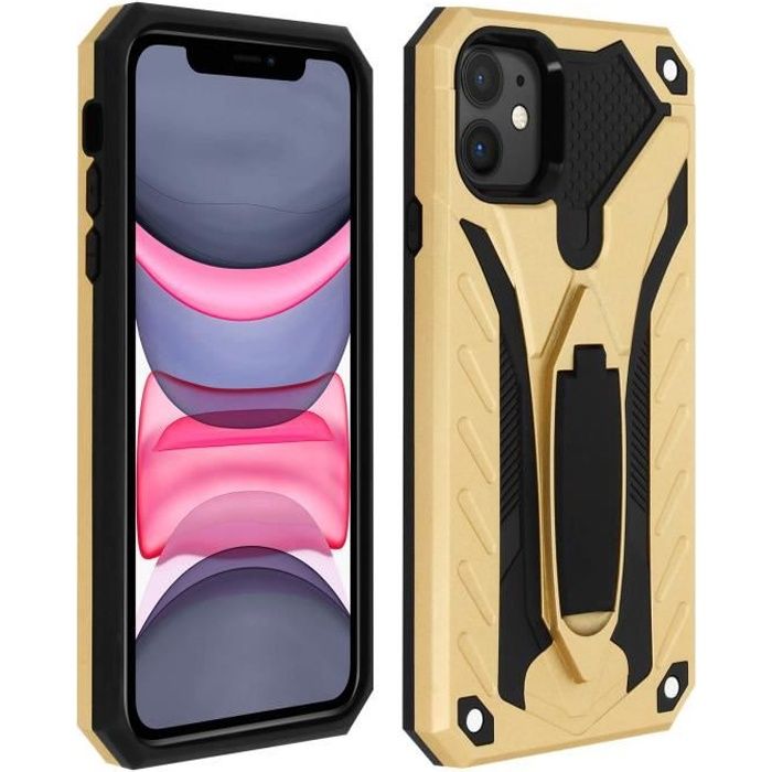 Coque iPhone 11 Protection Bi-matière Antichoc Fonction Support Or