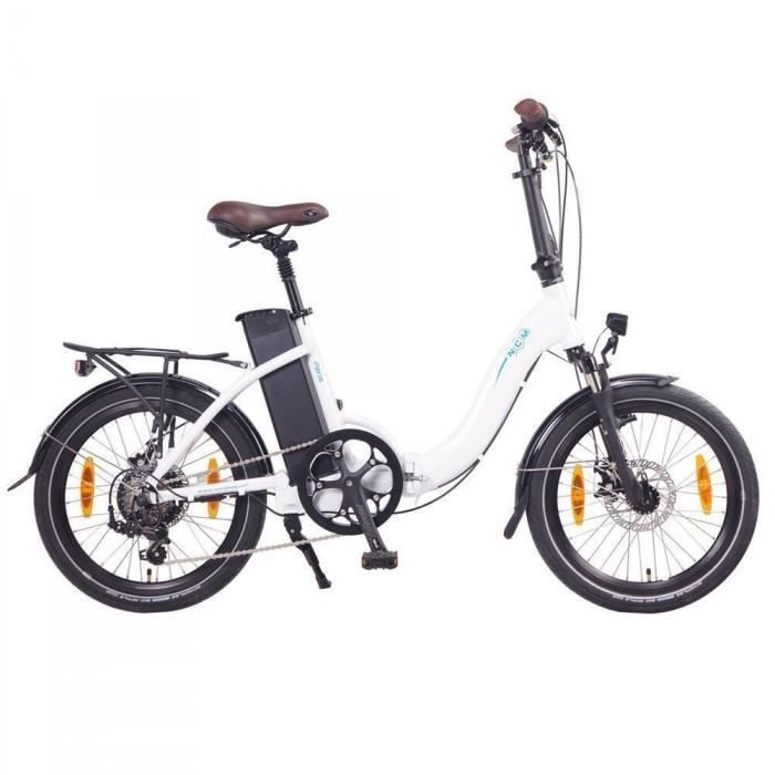 Vélo pliable électrique 20'', NCM Paris, Batterie 36V 15Ah 540Wh (avec connexion USB), 6 niveaux d'assistance, 7 vitesses, Blanc