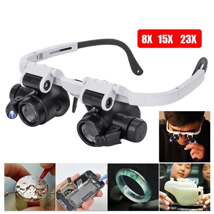 Tête de grossissement 8x15x23x portant un verre loupe avec lumière LED pour la réparation d'horloge de montre de bijoux
