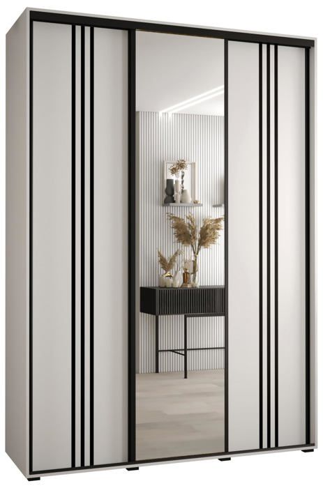 ABIKSMEBLE Armoire Cannes 2 Portes Coulissantes Miroir - 205x120x45 Cm Blanc/Noir - Rangement Moderne Chambre Salon Avec Barre & Étagères