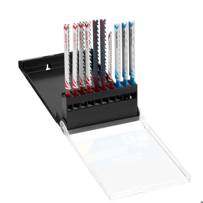 Stanley Coffret de 10 lames de scie sauteuse : 7 lames bois HCS et 3 lames métal HSS. Attache en T STA29240 XJ