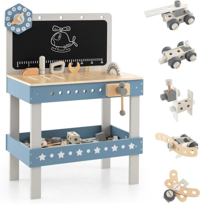 KKTECT Établi En Bois Pour Enfants – Outils De Simulation, Démontage De Vis Et écrous, Horloge, Engrenages – Dès 3 Ans