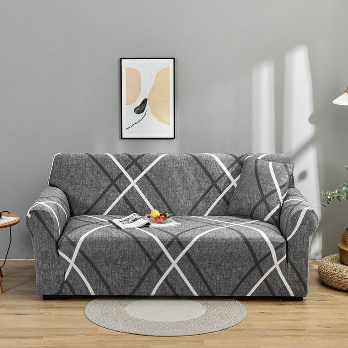 Housse de Canapé Extensible 2 Place Couverture Canapé avec Accoudoirs lignes simples gris[SFT17]