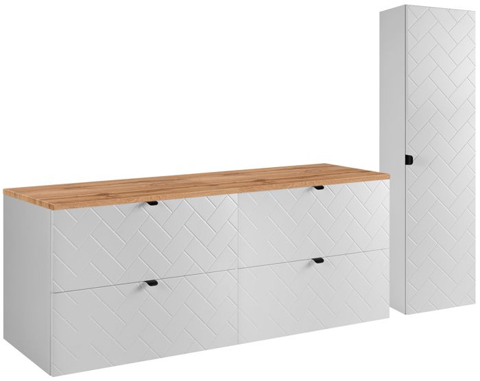 Ensemble un meuble sous vasque 160 cm avec le plan CHÊNE et une colonne 35/136 cm à suspendre MADIS BLANC