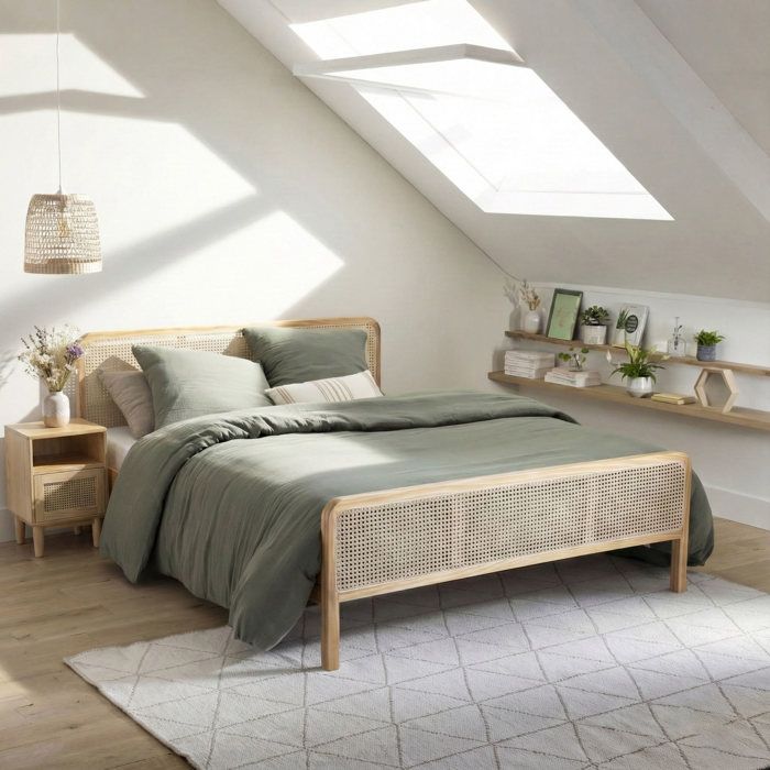 Lit en pin massif avec véritable cannage ANNA 140x190 + 2 tables de chevet cannage - Bois naturel - Terre de Nuit Lit en pin massif avec véritable cannage ANNA 140x190 + 2 tables de chevet cannage - Bois naturel - Terre de Nuit