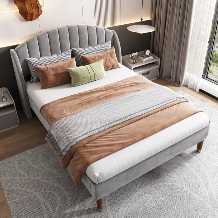 Lit rembourré 160x200 avec sommier à lattes et tête de lit support à lattes en bois montage facile velours gris