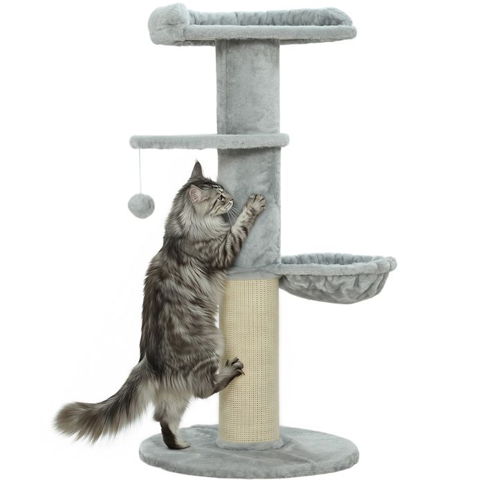 Meilleurs prix pour Arbre à chat - PawHut - avec griffoir en sisal hamac plateforme balle jouet - Ø 48 x 1035 cm - tissu peluche - gris clair