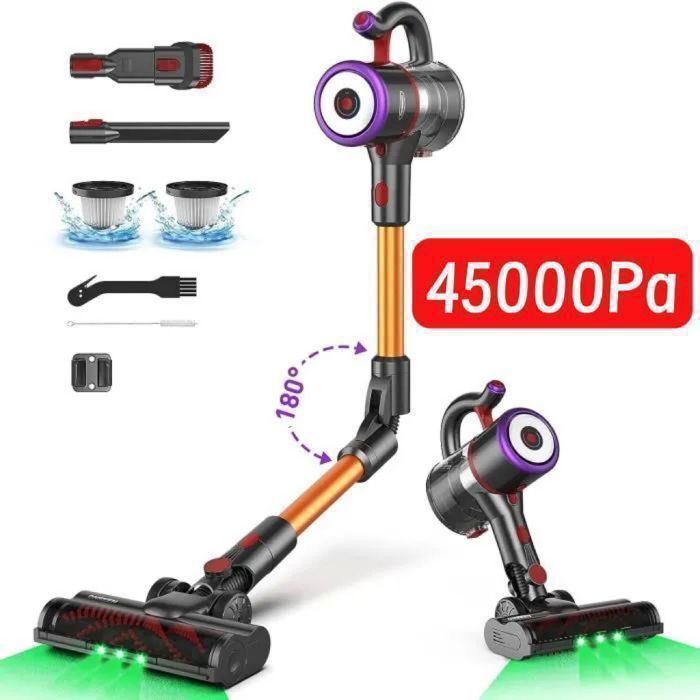 Aspirateur Balai Sans Fil Puissant - 550W / 45Kpa / 1.6L / Autonomie 53min - Filtration 5 Étapes-LED verte Anti Enchevêt ASPIRATEUR BALAI