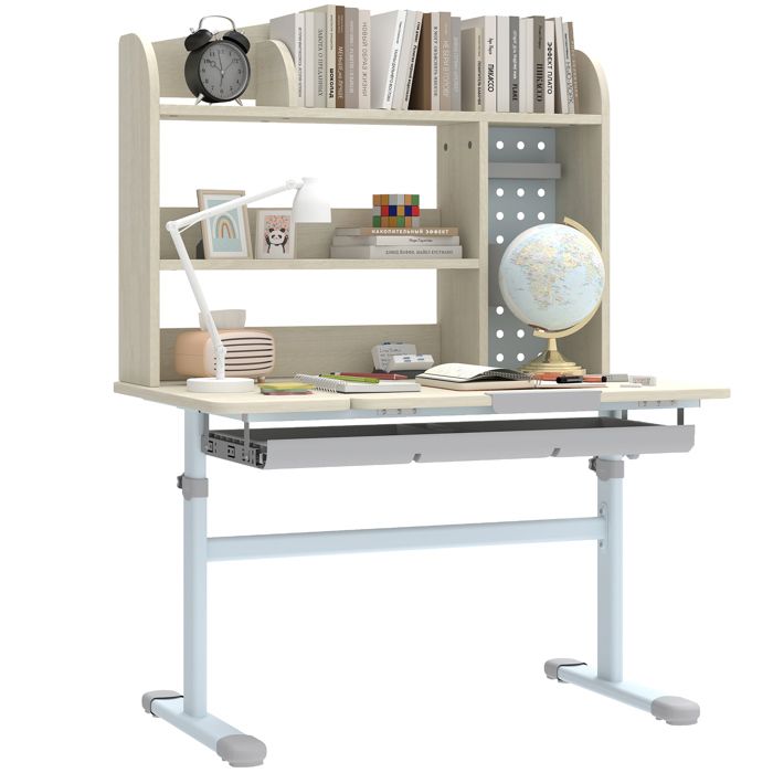 Bureau pour enfants - AIYAPLAY - réglable en hauteur plateau inclinable tiroir étagère - PP - 80x51x1085-1305cm - naturel