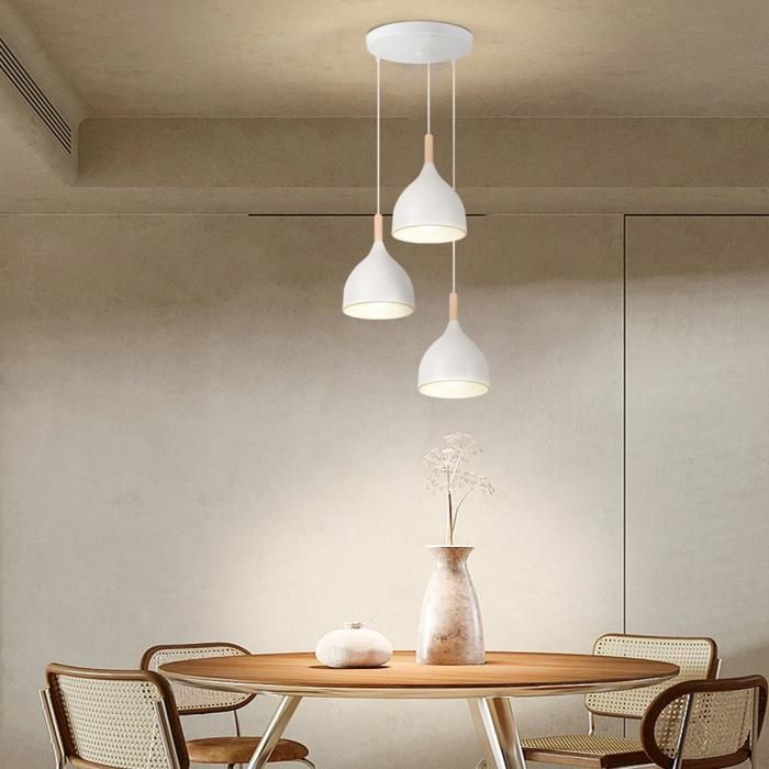 WOTTES 3 Lampes Suspension Vintage Lustre Blanc E27 Plafonnier Bois Luminaire Style Industriel éclairage Pour Cuisine (Disque)