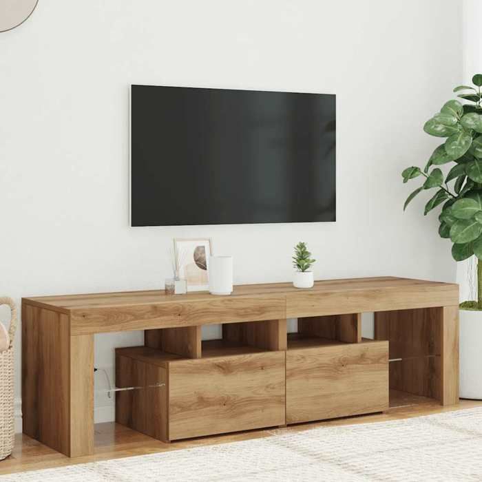 Meuble TV avec lumières LED - Happiness - Chêne artisanal - Bois dingénierie - 140x36.5x40 cm - 2 portes - 4 étagères
