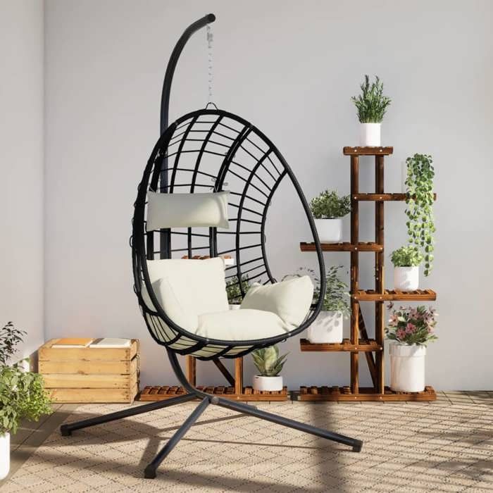 En solde Chaise suspendue - BURKE - fauteuil œuf suspendu - en forme dœuf et support beige rotin et acier J5859