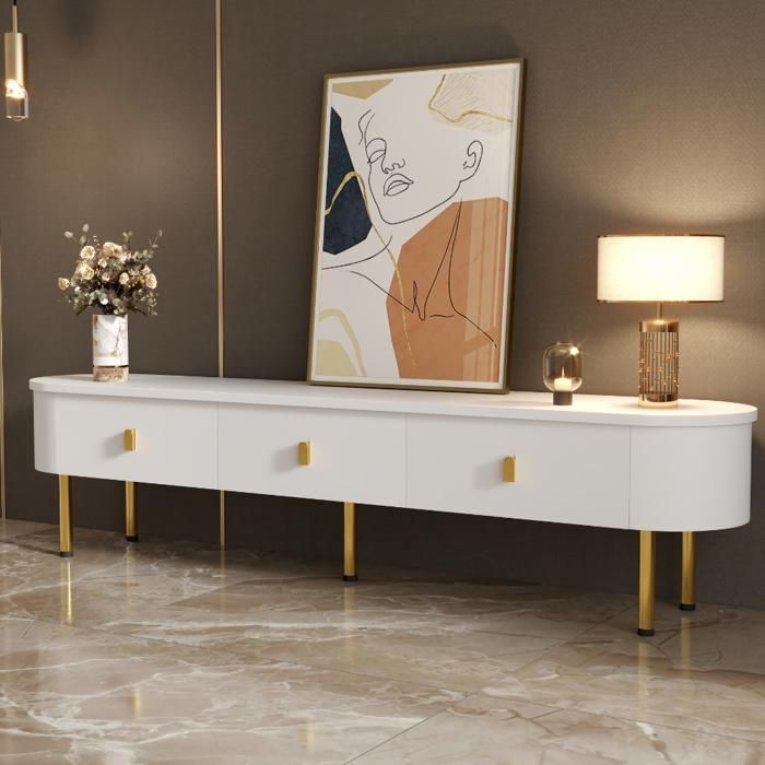 MODENUIT Meuble TV 174 x 35 x 41 cm avec plateau ovale 3 tiroirs poignées dorées bords arrondis MDF Blanc