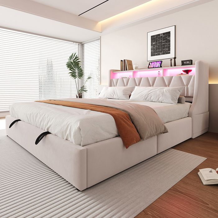 Lit coffre 180 x 200 cm avec LED - Prise USB et Type-C - Rangement hydraulique et compartiments de rangement - Velours beige