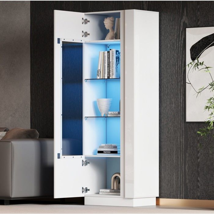 Vitrine blanc brillant 180 cm avec porte en acrylique transparente. LED. 5 niveaux. panneaux de particules