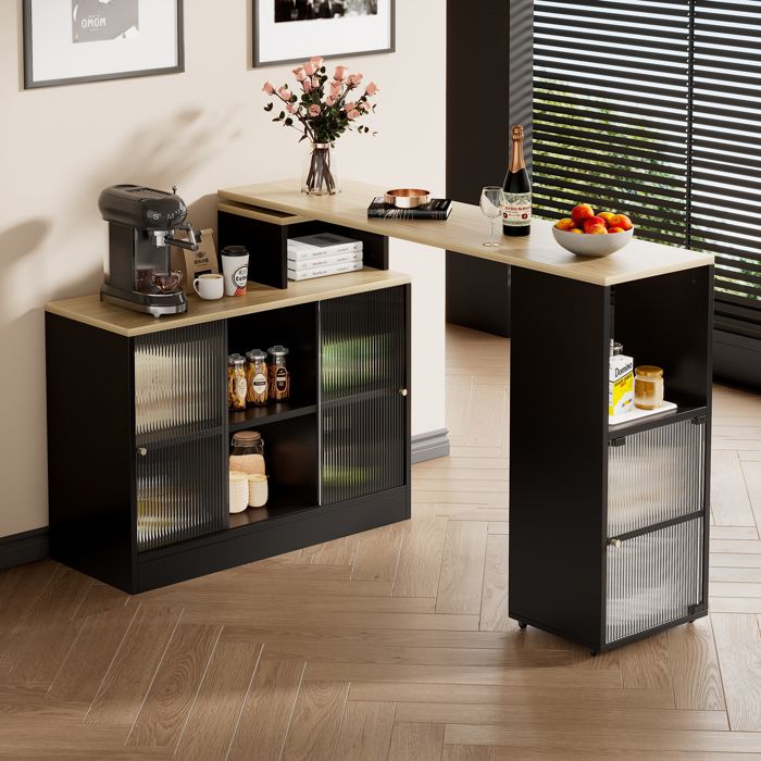 Table de bar Extensible avec Rangement Table haute à manger Moderne sur Roulettes 360° 3 Étagères Ouvertes Portes en Verre - Noir