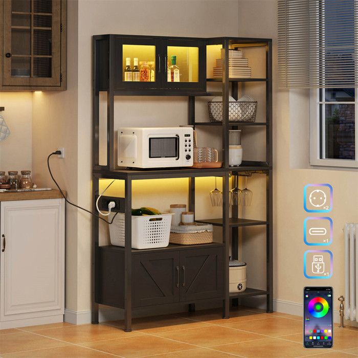 Étagère Cuisine Meuble Micro Onde avec LED 2 Prises et USB C/A Buffet Cuisine Rangement Haut 115 cm avec Porte-verres Métal Noir