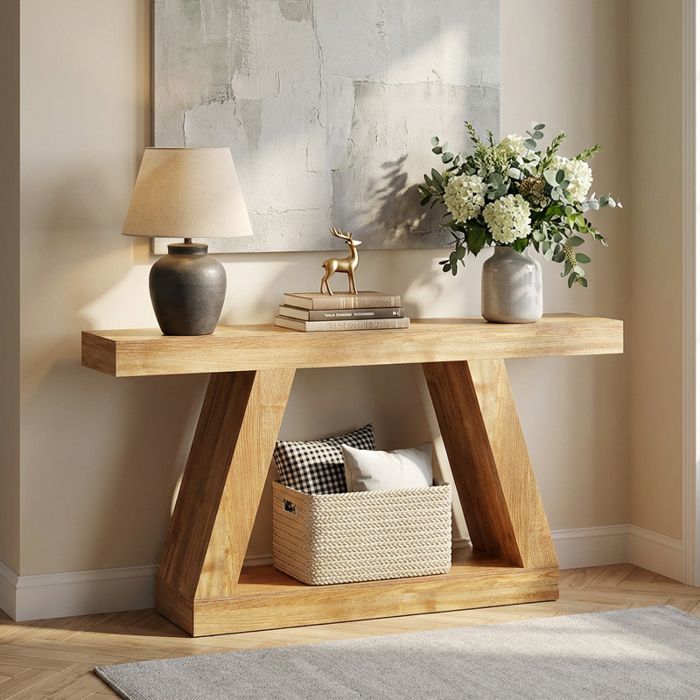 Console dentrée TOPESCT 140x30x80 cm 2 niveaux étagères rangement couloir salon chêne