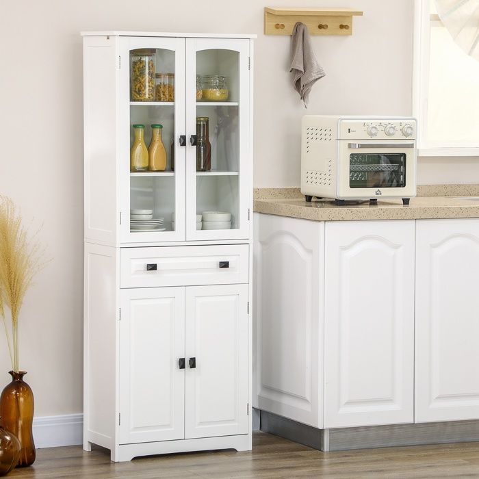 MOTHINESSTO1473-Buffet haut armoire de cuisine 4 portes dont 2 portes vitrées et 1 tiroir hauteur 160 cm avec étagères en bois blanc