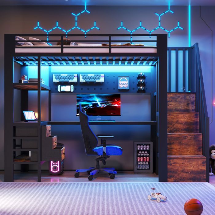 Lit mezzanine 90 x 200 cm lit mezzanine enfant éclairage LED en métal avec espace de rangement et tiroirs lit double noir