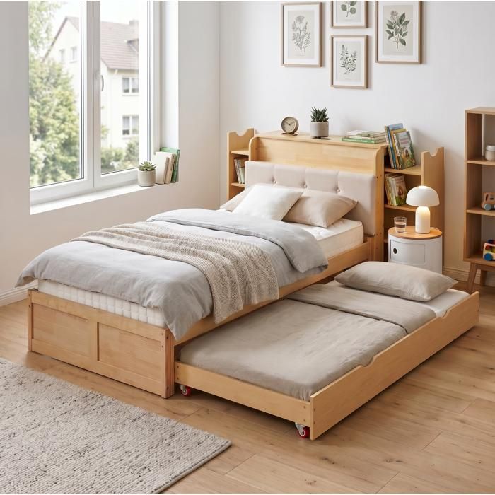 Lit gigogne multifonction EVRYAE 90 x 200 cm rangement intégré tête de lit rembourrée prise EU et USB