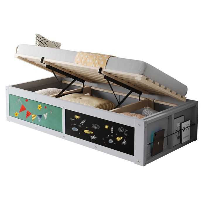 Lit en bois 90×200 cm avec réglage hydraulique plateau d’écriture et dessus en feutre gris rangement intégré
