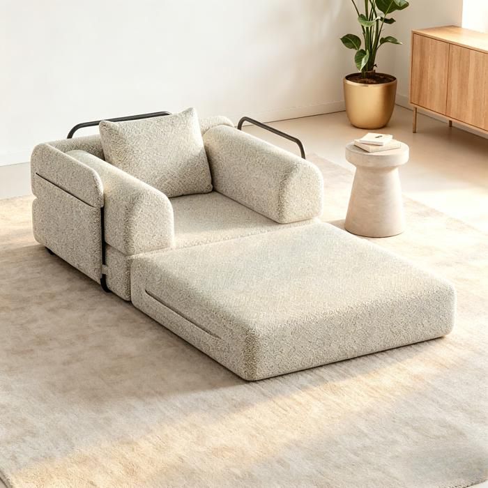 Canapé-lit 2-en-1 en chenille avec rangement dans accoudoir cadre métallique modulablepas de montage nécessaire Beige