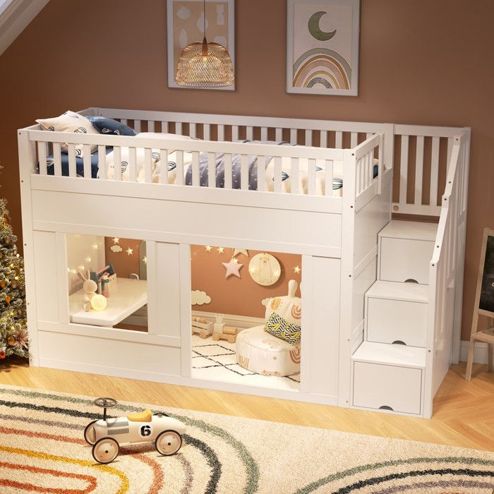 Lit Superposé Enfant en Bois 90x200 avec Escalier de Rangement Lit Mezzanine avec Espace de Convertible en Dessous Lit Enfant Blanc