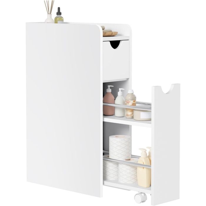 Armoire Salle de Bain Étroite EUGAD - 2 Tiroirs - Meuble dAppoint avec roulettes - 19x45x70cm - Blanc