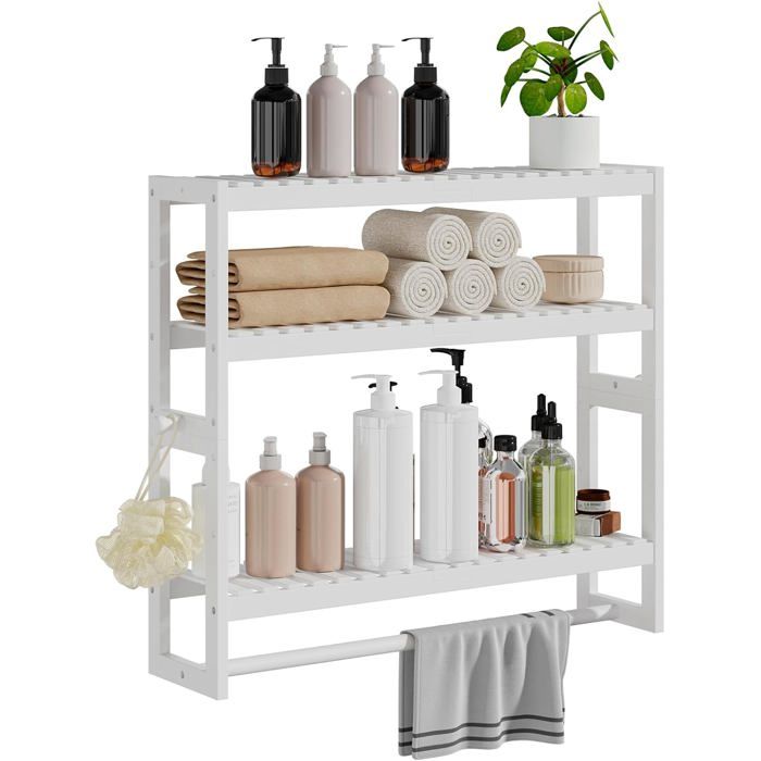 Étagère Salle de Bain Bambou Blanc - 3 Niveaux Flottants Réglables 15x59x54cm Fixation Murale/Sur Pied avec Porte-Serviettes