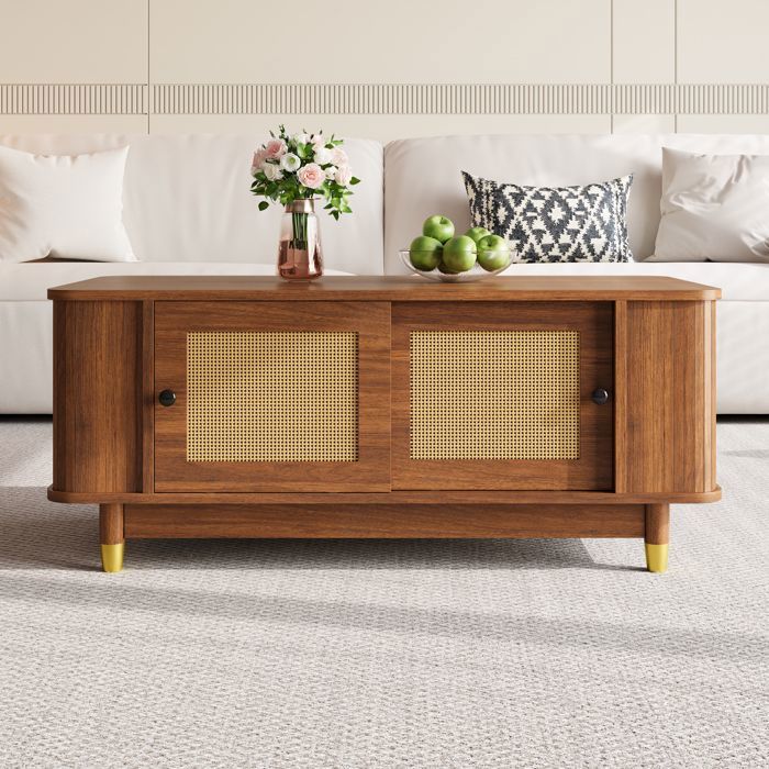 Table basse ovale 100 x 50 x 42 cm avec portes coulissantes effet rotin et rangement Mid-century Modern MDF noyer