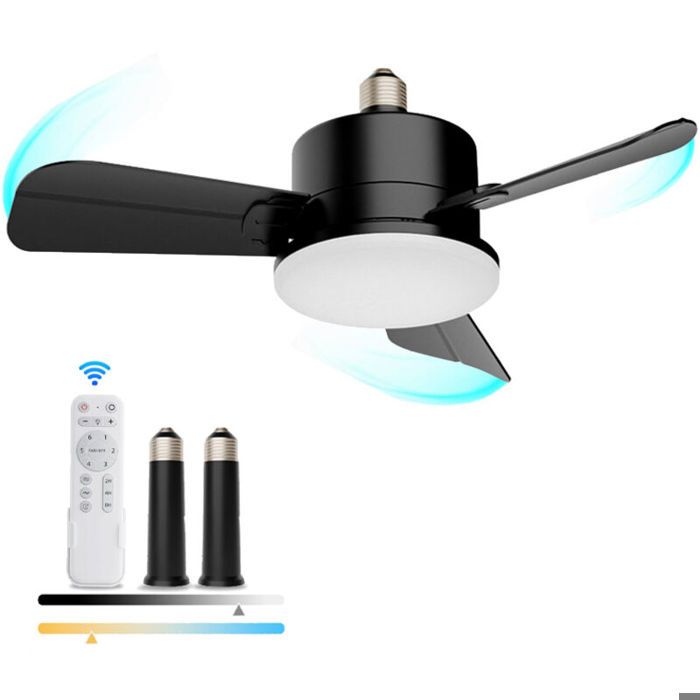Ventilateur de plafond à douille E27 avec télécommande et 2 rallonges lumières intégrées intensité variable 6 vitesses de vent